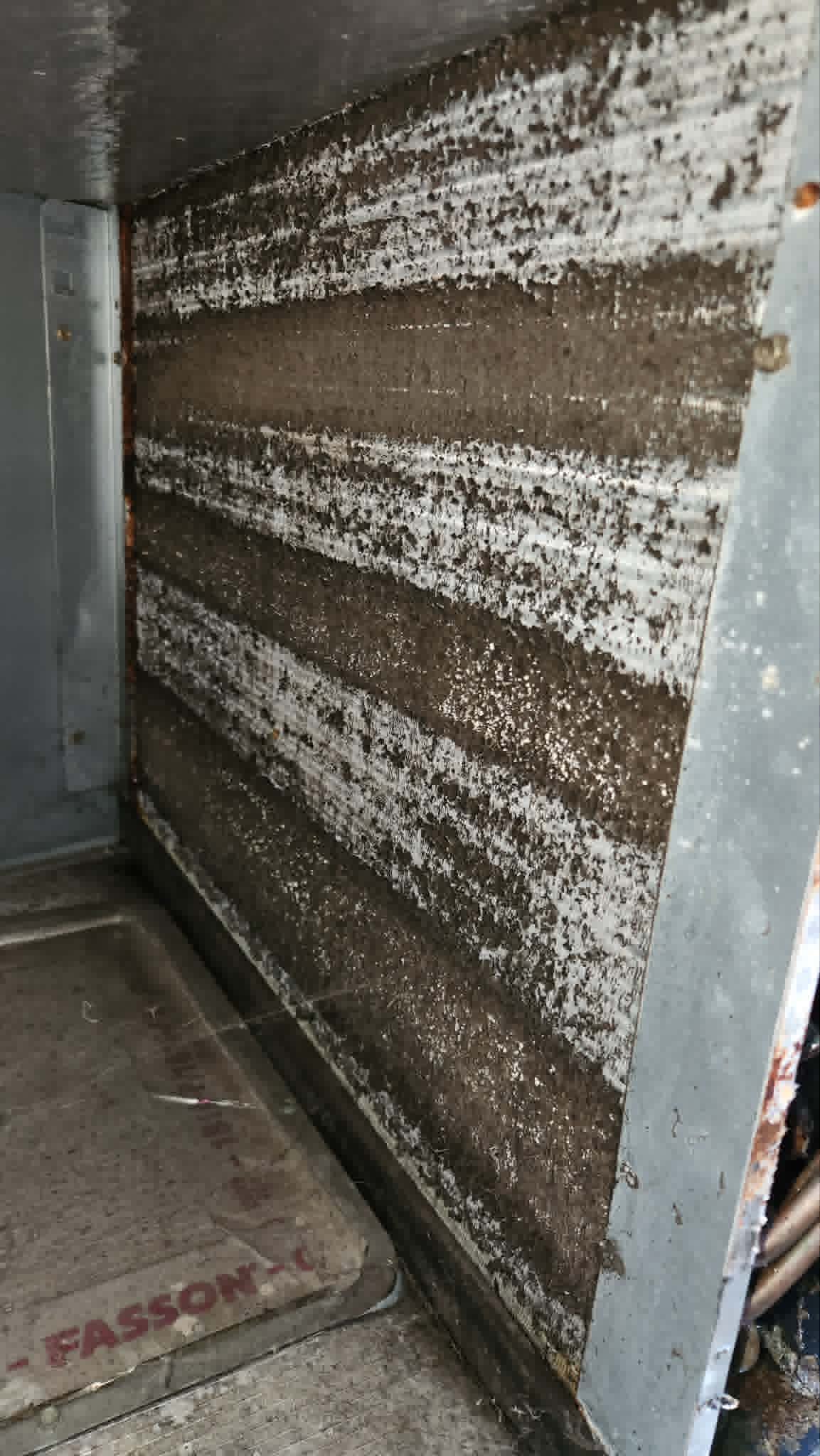 Evaporator coil heavily caked with dust and debris before cleaning